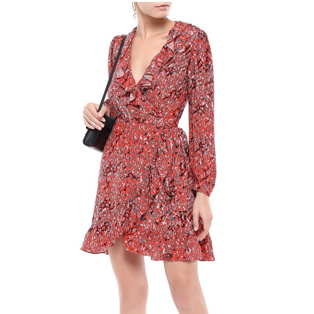 Maje Ruffle-Trimmed Leopard Print Crepe Mini Wrap Dress